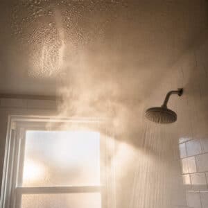 Steam rising from a hot shower and condensing on a Houston bathroom ceiling