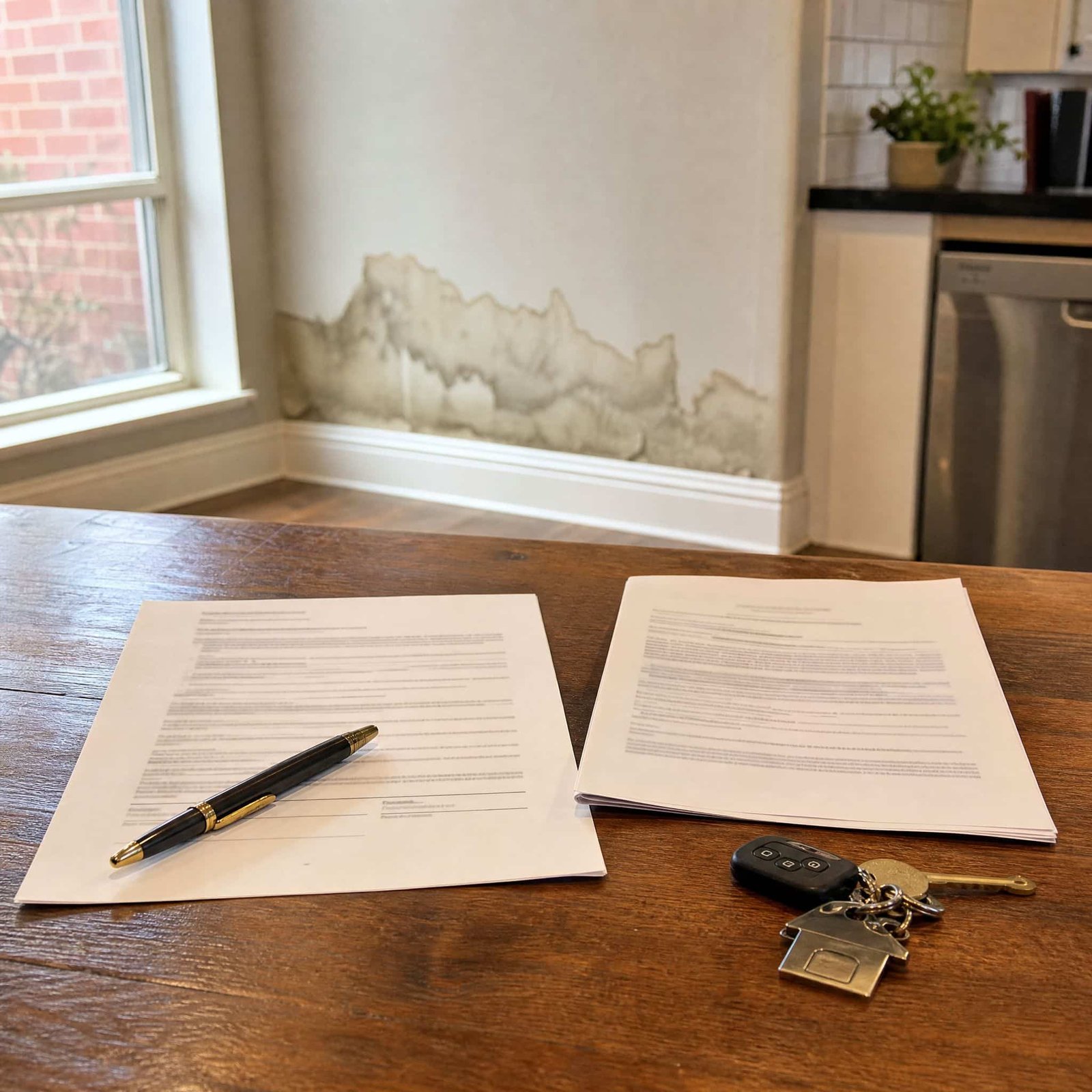 Lease and insurance documents on a kitchen table near a water-stained wall while sorting out who pays for mold remediation in Texas.