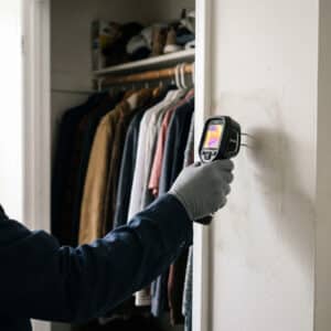 TDLR-licensed Houston mold inspector checking a closet for
hidden moisture sources with a thermal camera