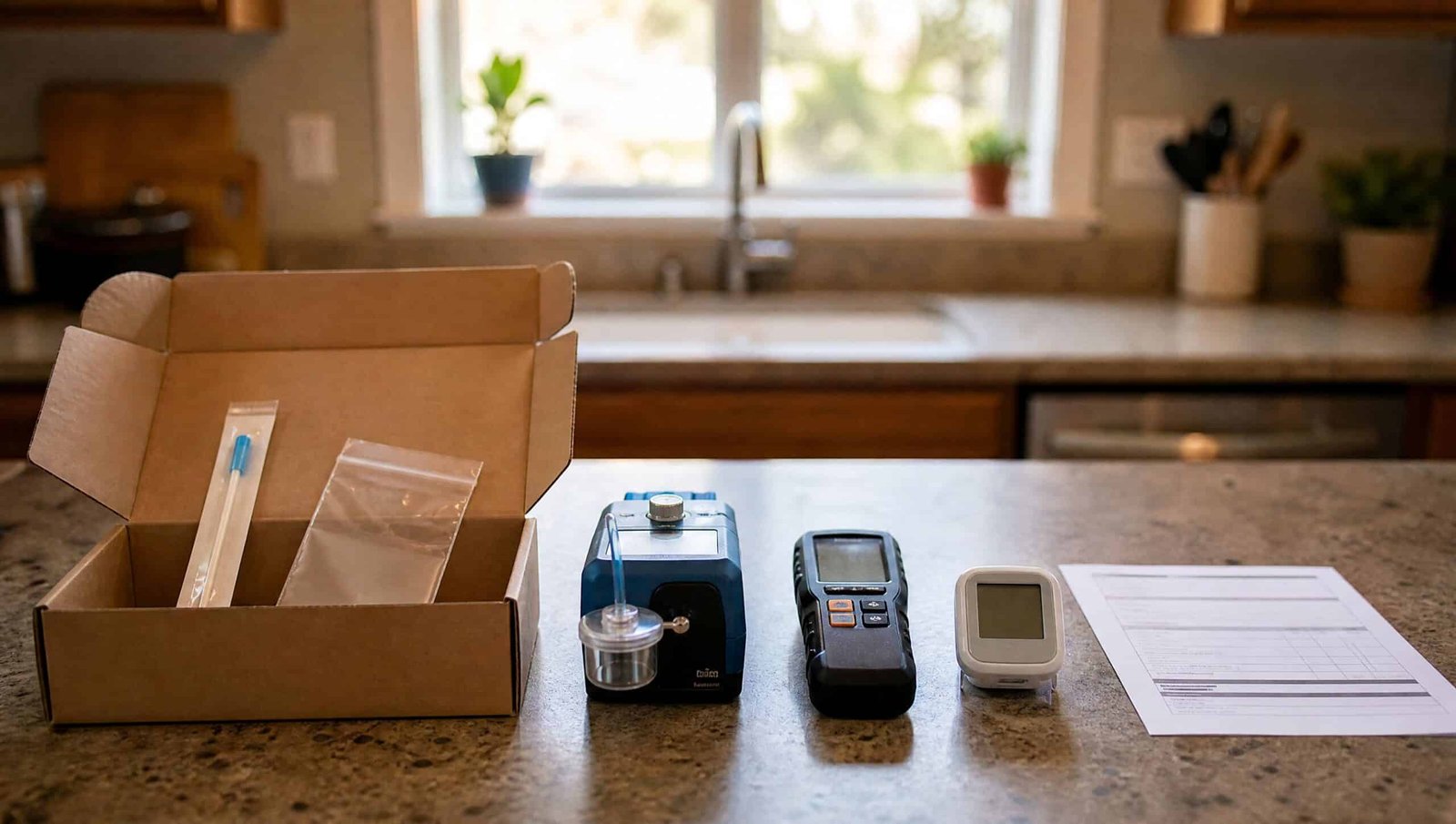 open shipping box on a kitchen counter containing a single sterile swab in a sealed sleeve and one small zip bag