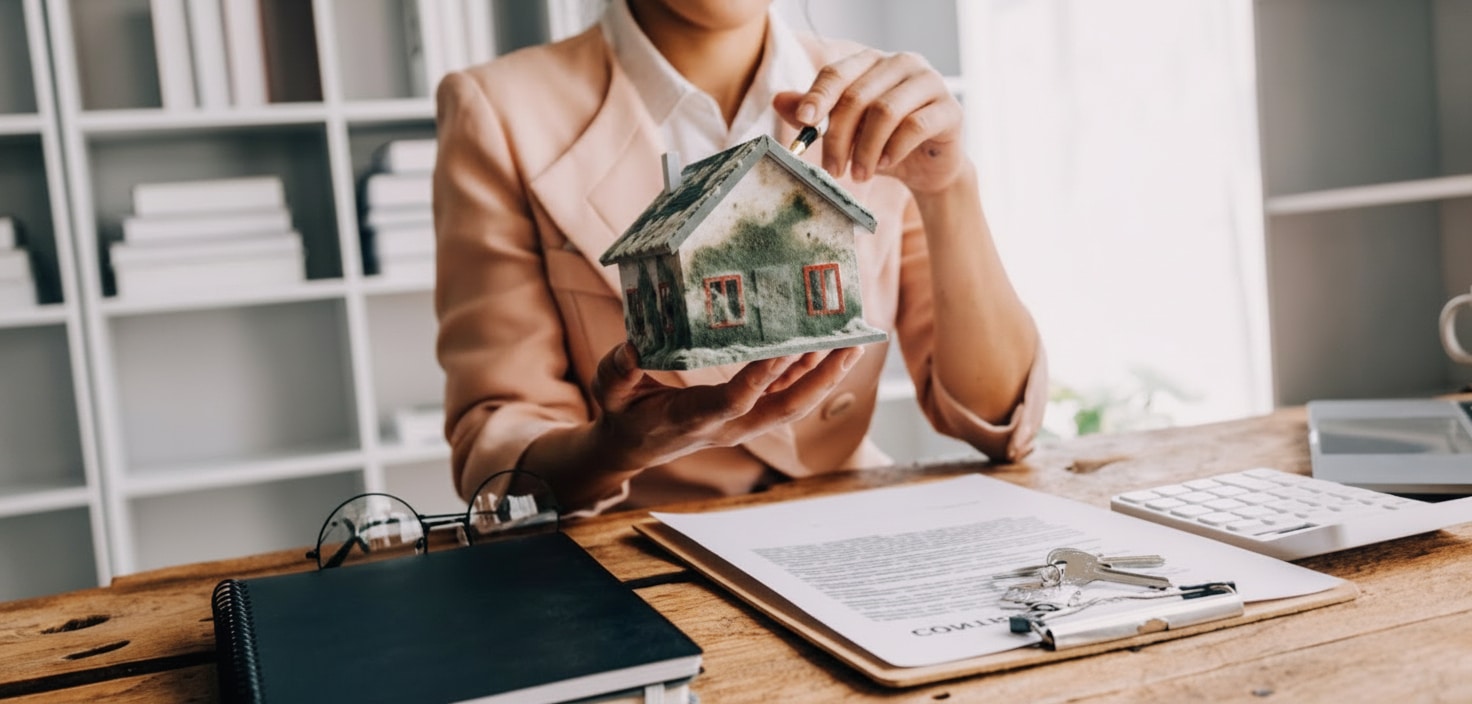 Home seller holding a miniature house that's covered in mold.