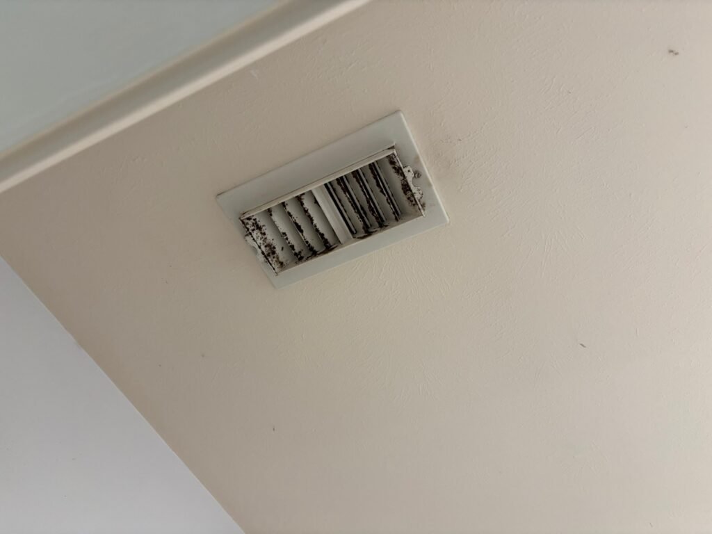 Ceiling register inspected during a pre-purchase mold inspection