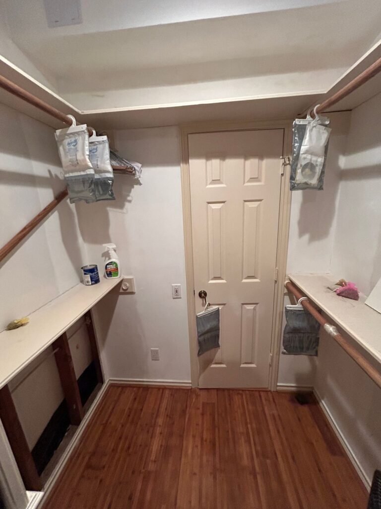 Closet area assessed for moisture after a water leak