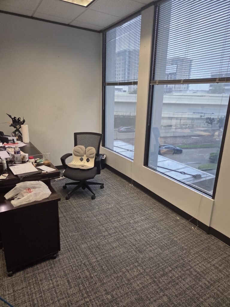 Corner office interior assessed during a commercial mold inspection in Houston