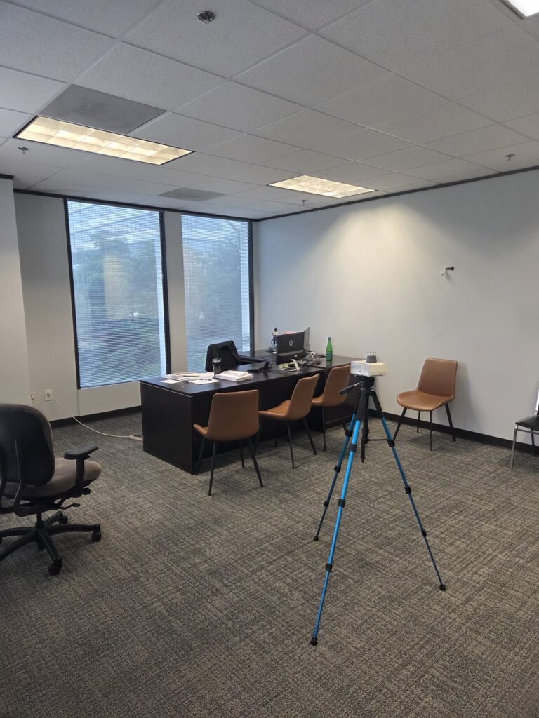 Open plan office with air sampling equipment set up during an indoor air quality assessment