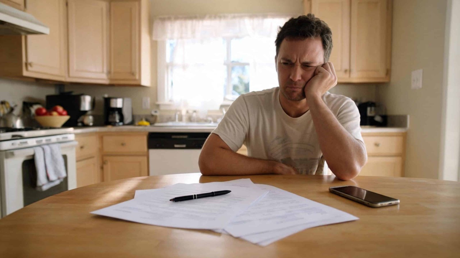 A Houston homeowner reviewing a printed mold remediation quote at a kitchen table before signing.