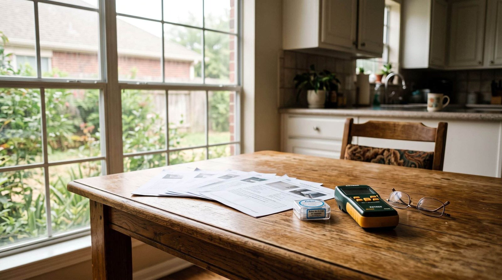 Printed mold inspection reports, an air sampling cassette, and a moisture meter on a kitchen table in a Houston home.