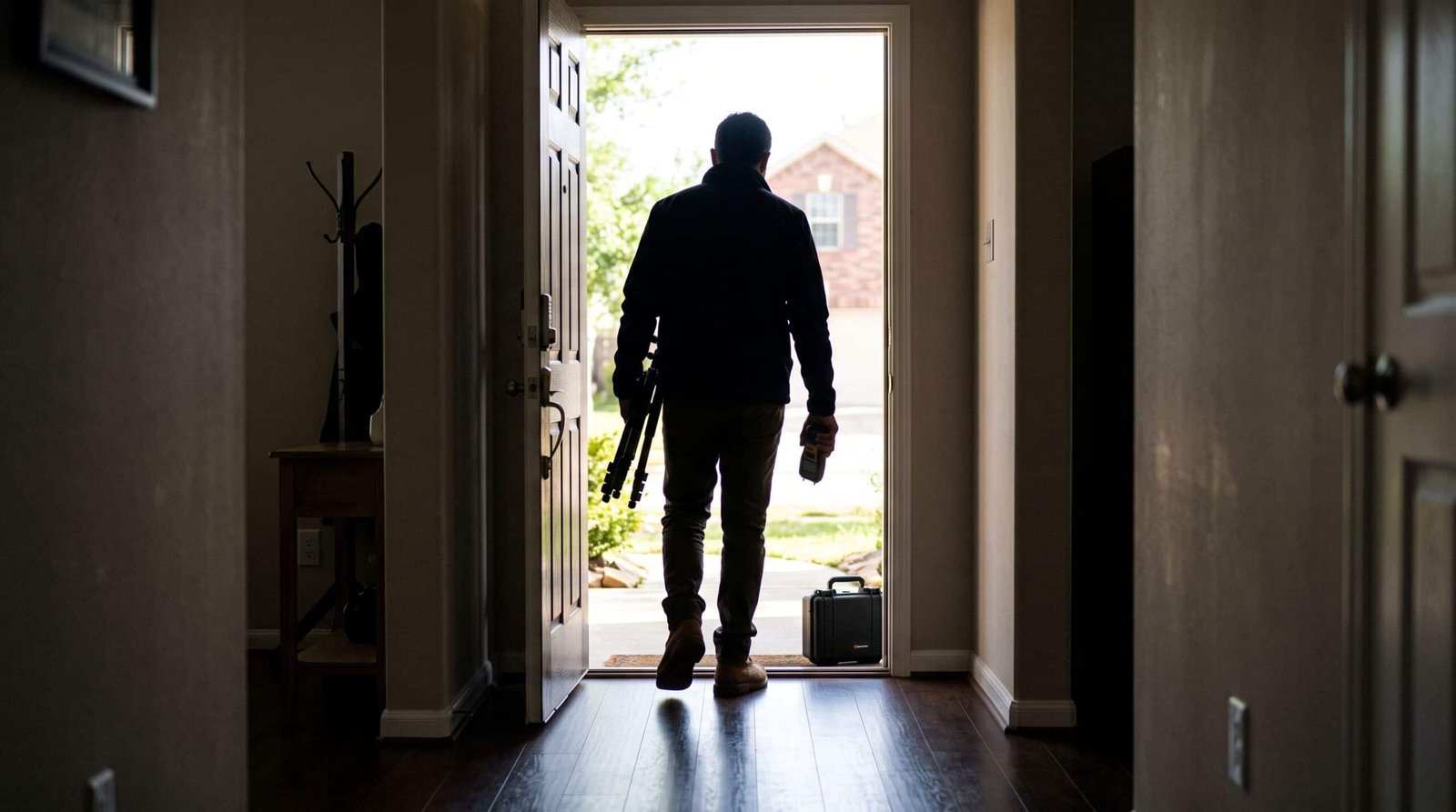 Mold inspector arriving at a Houston home carrying a tripod and moisture reader.