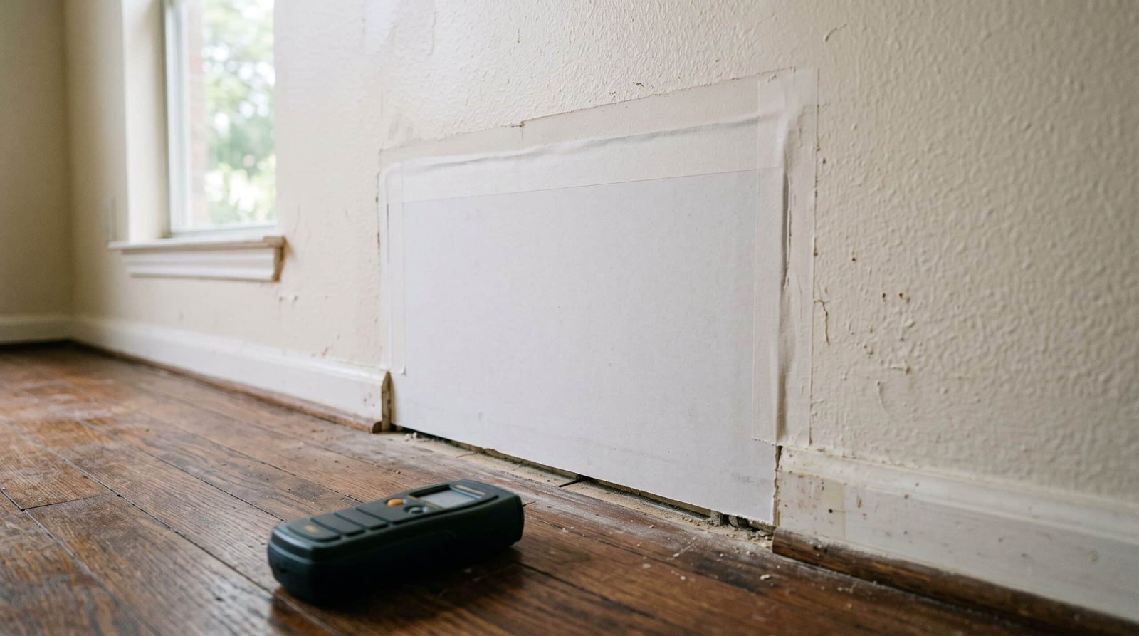 A repaired interior wall in a Houston home after mold remediation, with a moisture meter nearby.