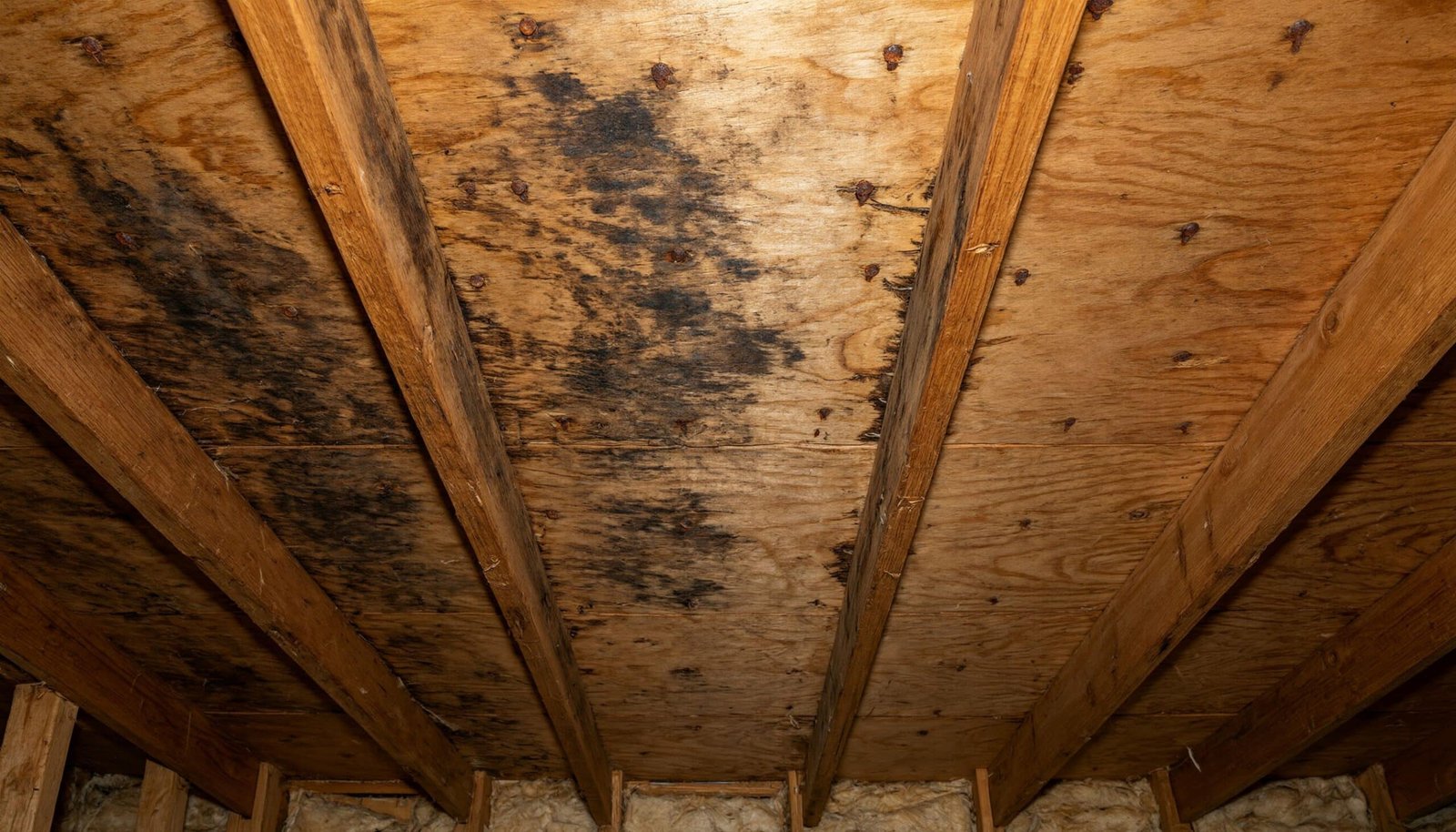 Staining and rusted nail points on roof decking in a Houston attic where mold went untreated.