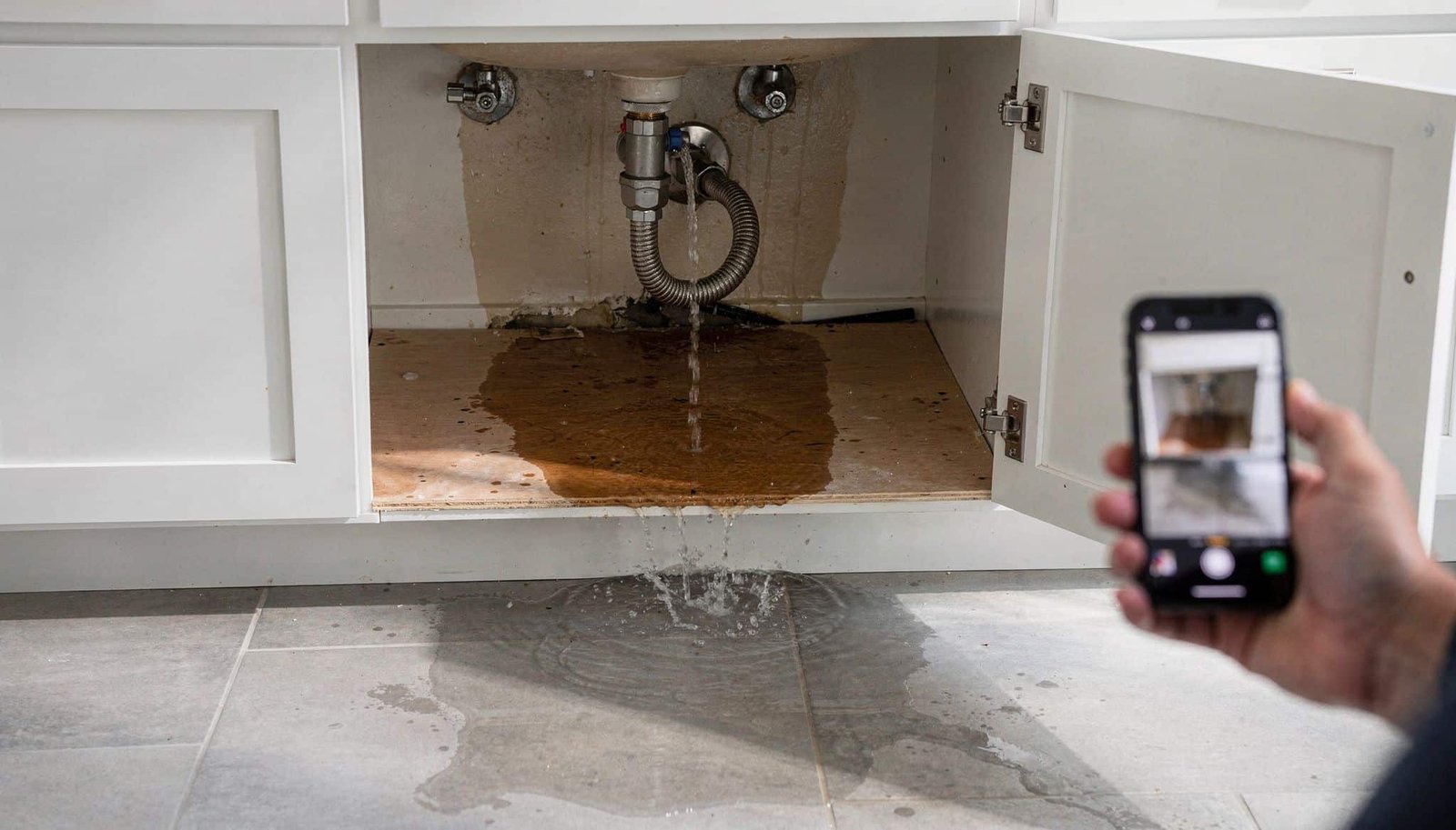 A homeowner photographs a burst supply line and water damage under a bathroom vanity, the kind of sudden leak Texas home insurance may cover.