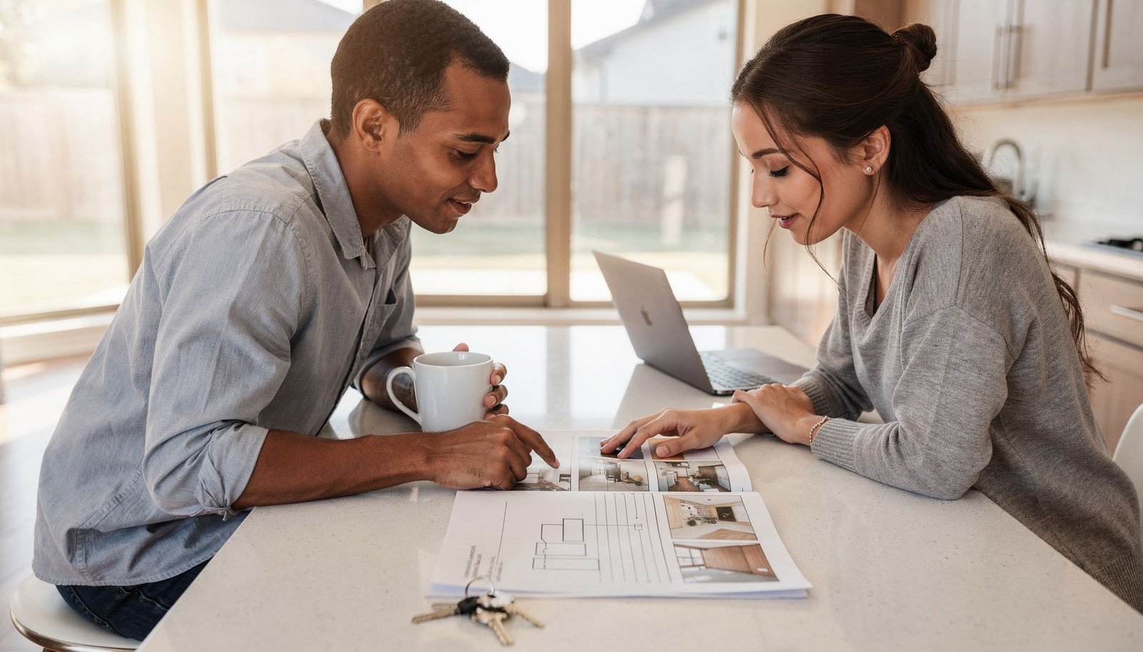 A Houston couple reviews a home inspection report at their kitchen island, deciding whether a mold inspection is worth it.