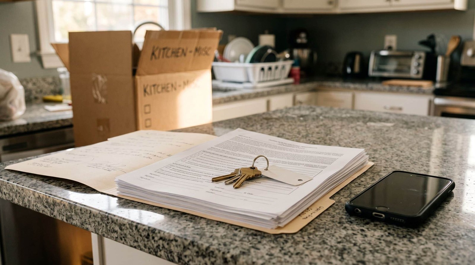 Closing documents and house keys on a kitchen counter in a newly purchased Houston home.