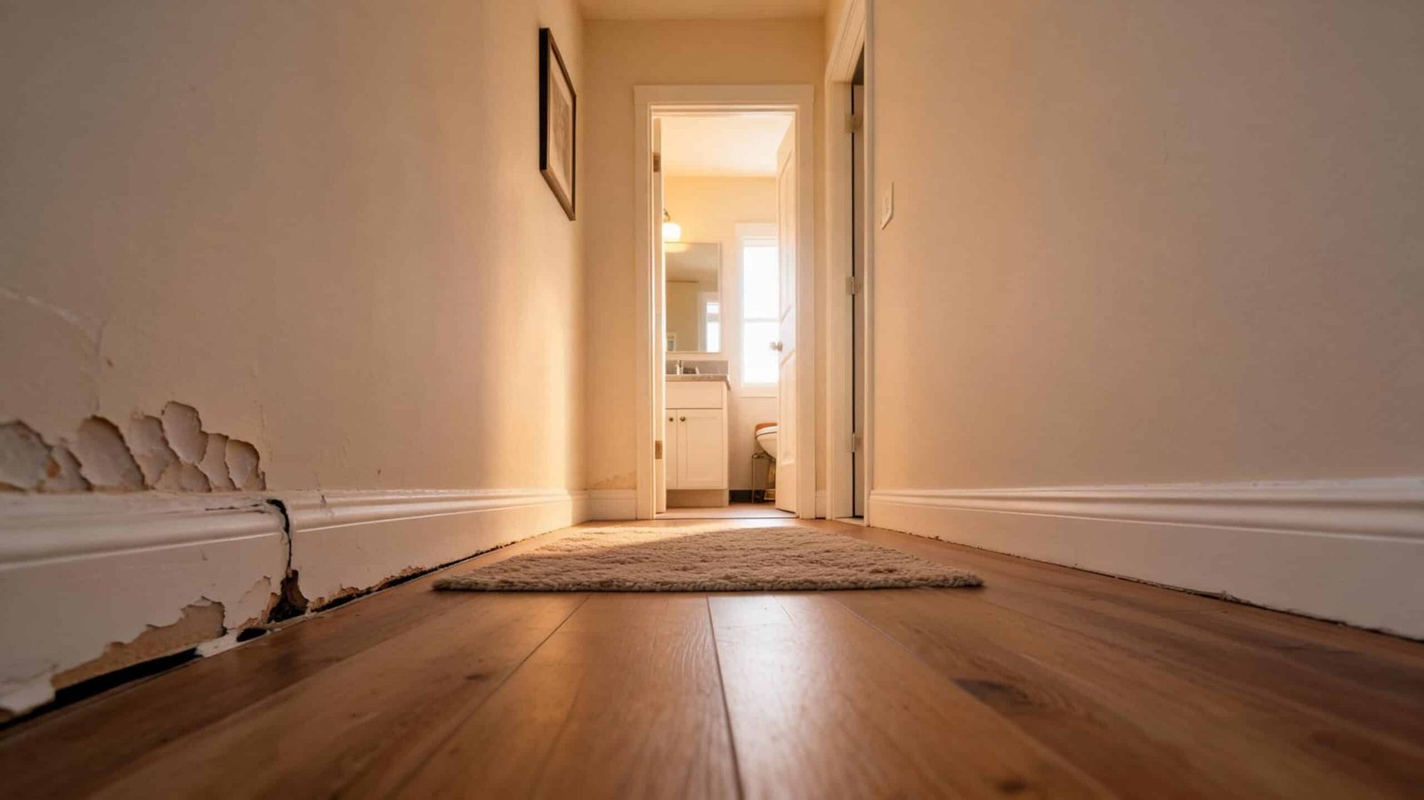 Bubbling paint and a loose baseboard in a hallway, early warning signs of mold behind walls in a Houston home.