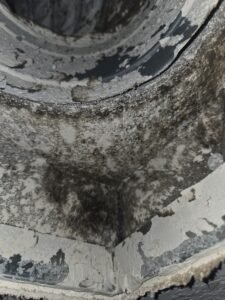 Close-up of mold growth inside an HVAC supply boot in a Pearland home